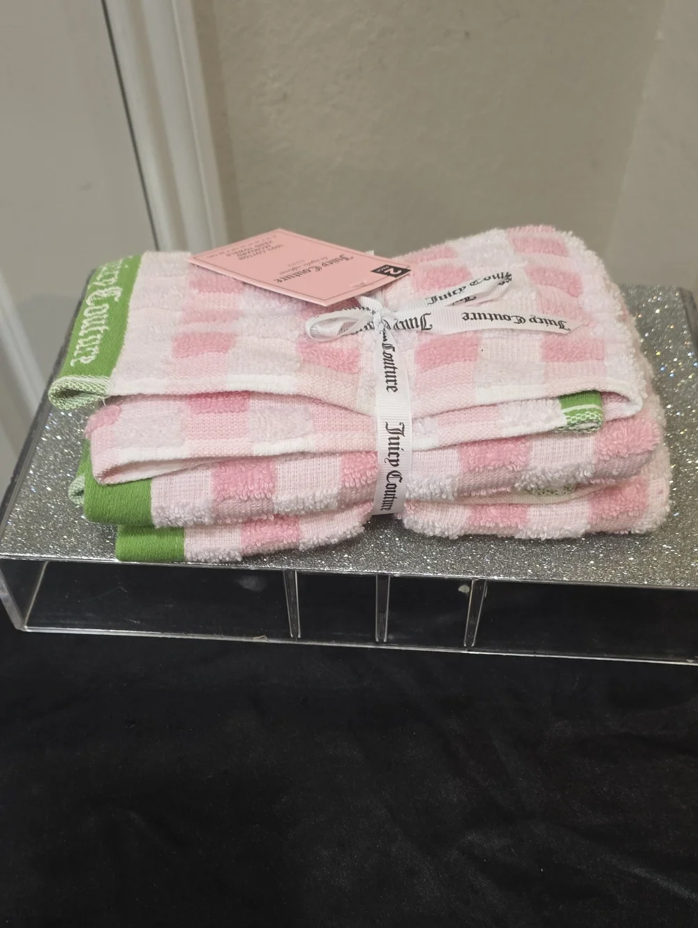 Juicy Couture Home Pink, White & Green Check Logo Cotton Jacquard Hand Towels